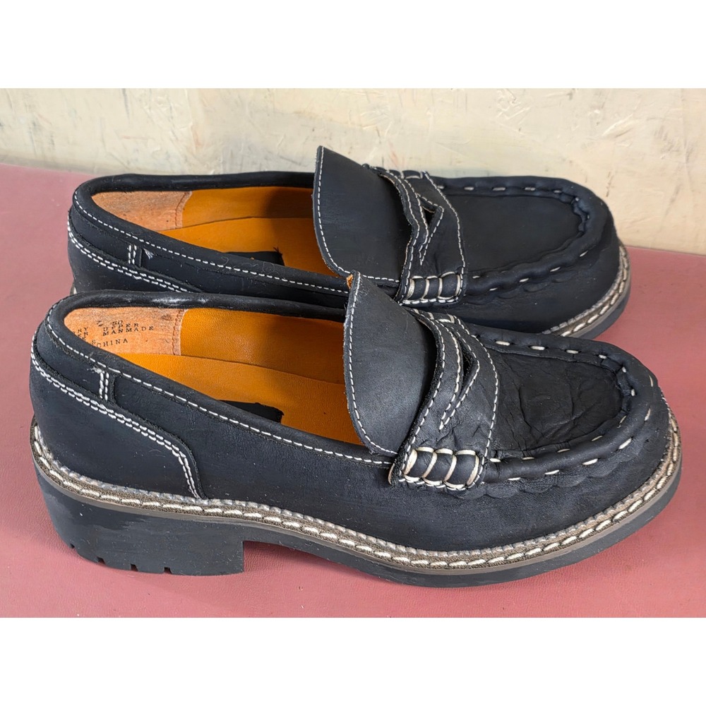 Candies Black Leather Penny Loafers White Contrast Stitch Lug Sole Shoes 7